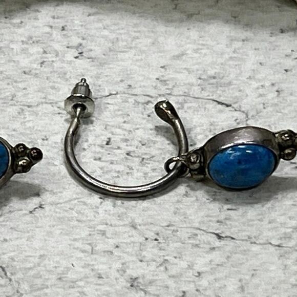 Navajo N Juan Sterling Silver Stamped Blue Stone earrings Hoop Metal - Picture 3 of 7